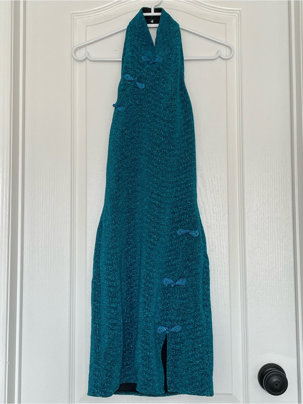 Mandarin Style Teal Halter Knit Dress with Side Knot Details